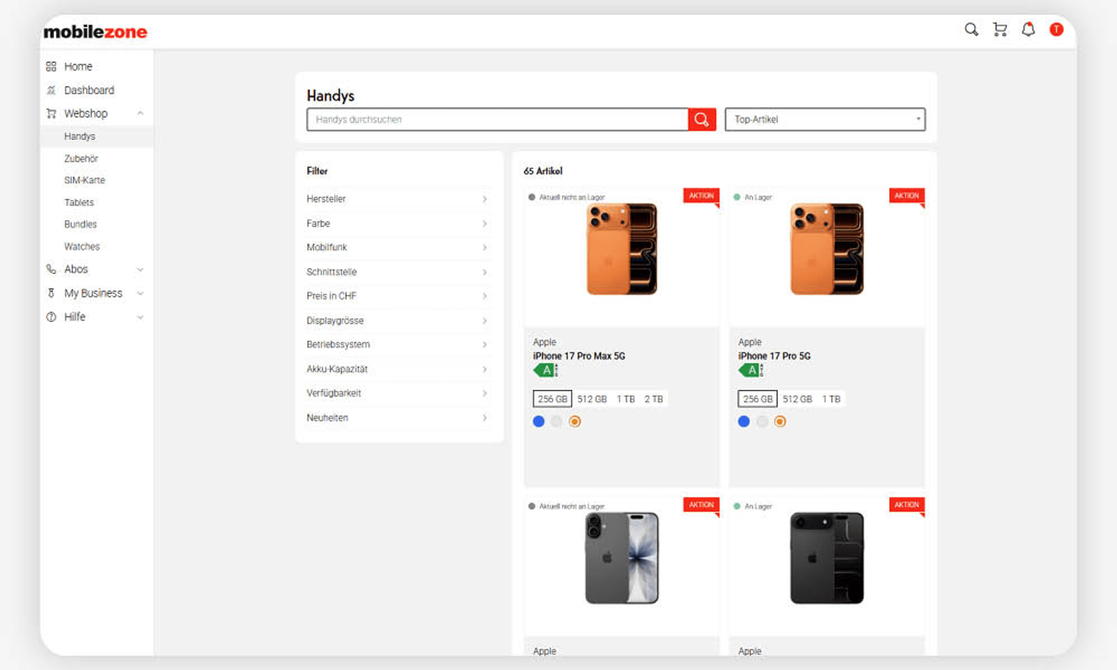 Screenshot von der mobilezone Plattform BOOST
