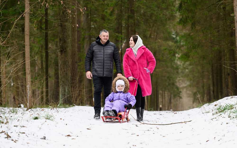 Mehrere Personen sind mit Schlitten im Wald spazieren.