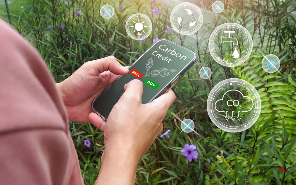 Uomo con cellulare in mano su un prato verde