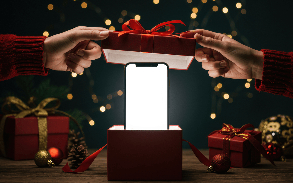 Smartphone ist als Geschenk bereit und wird ausgepackt