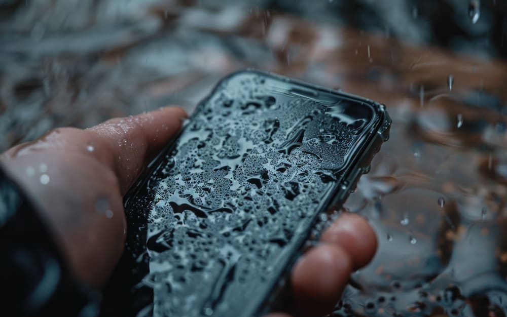 Person ist draussen mit Handy in der Hand mit Regentropfen