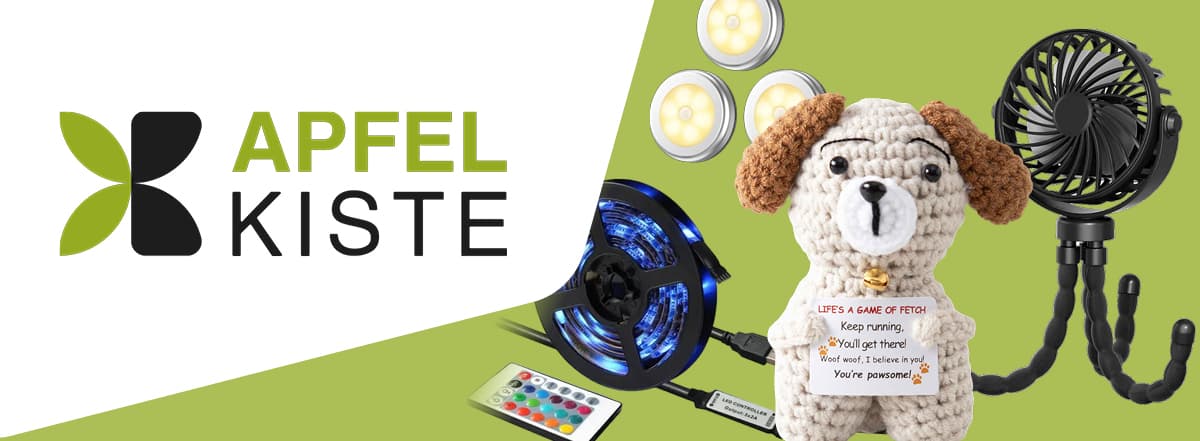 apfelkiste Logo mit Produkten wie Ventilator und Lichter