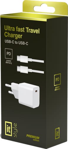 itStyle Premium Charger 220V USB C to USB C 20W sep cable wh
