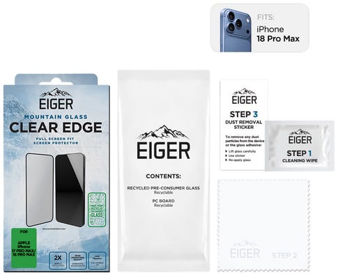 Eiger iPhone 18 Pro Max/17 Pro Max/16 Pro Max Clear Edge 3D Glass Screen Protector